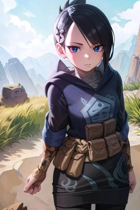 pokemonmai, <lora:pokemonmai-lora-nochekaiser:1>,
pokemonmai, black hair, blue eyes, mole, mole under mouth, short hair, eyelashes,
BREAK black footwear, black skirt, boots, brown bag, character print, diamond clan outfit, hood, hood down, jacket, pantyhose, pouch, print pantyhose, skirt, long sleeves,
BREAK looking at viewer, full body, (cowboy shot:1.5),
BREAK outdoors,
BREAK <lyco:GoodHands-beta2:1>, (masterpiece:1.2), best quality, high resolution, unity 8k wallpaper, (illustration:0.8), (beautiful detailed eyes:1.6), extremely detailed face, perfect lighting, extremely detailed CG, (perfect hands, perfect anatomy),