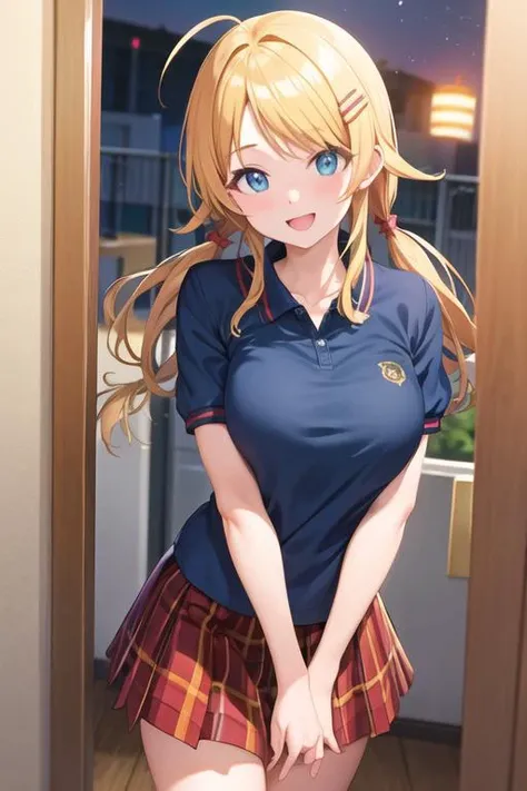 masterpiece, best quality, super fine illustration, high resolution,
<lora:idolmaster_sc_hachimiya_ssr2:1>, hachimiya meguru, ahoge, low twintails, casualoutfit, dark blue shirt, short sleeves, plaid skirt, slender, (large breasts:1.2), wave hand,
smile, (looking at viewer:1.2), in door,
<lora:GoodHands-vanilla:0.9>,good hands, perfect hands,