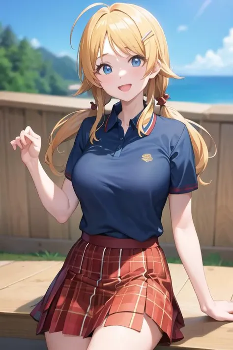 masterpiece, best quality, super fine illustration, high resolution,
<lora:idolmaster_sc_hachimiya_ssr2:1>, hachimiya meguru, ahoge, low twintails, casualoutfit, dark blue shirt, short sleeves, plaid skirt, slender, (large breasts:1.2), wave hand,
smile, (looking at viewer:1.2),
<lora:GoodHands-vanilla:0.9>,good hands, perfect hands,