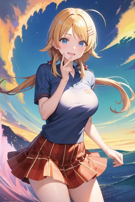 masterpiece, best quality, super fine illustration, high resolution,
<lora:idolmaster_sc_hachimiya_ssr2:1>, hachimiya meguru, ahoge, low twintails, casualoutfit, dark blue shirt, short sleeves, plaid skirt, slender, (large breasts:1.2), wave hand,
smile, (looking at viewer:1.2),
<lora:GoodHands-vanilla:0.9>,good hands, perfect hands,