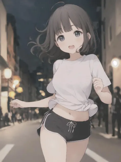 best quality,masterpiece,HDR,UHD,8K,
KAWAGUCHI001,1girl,white shirt, short shorts,
running, dynamic pose,
cowboy shot, upper body,
park, night,