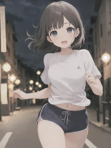 best quality,masterpiece,HDR,UHD,8K,
KAWAGUCHI001,1girl,white shirt, short shorts,
running, dynamic pose,
cowboy shot, upper body,
park, night,