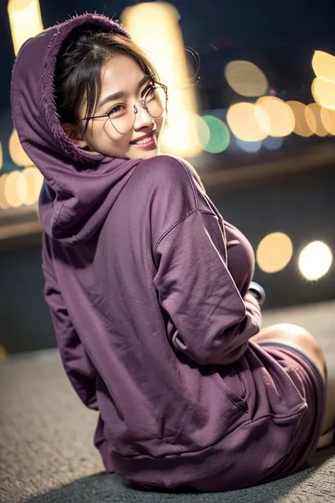 (8k, RAW photo, best quality, masterpiece:1.2), (realistic, photo-realistic:1.37), best quality, ultra high res, photon mapping, radiosity, physically-based rendering, 1girl, ((glasses)), ((hoodie)), ((sweatpants)), naughty face, cute, (laughing), (happy), (Kpop idol), (aegyo sal:1), ((puffy eyes)), looking at viewer, posing, (full body), large breasts, busty, large butt, cityscape, night, (bokeh:1.4),