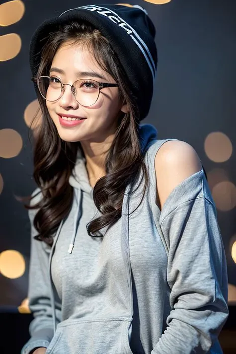 (8k, RAW photo, best quality, masterpiece:1.2), (realistic, photo-realistic:1.37), best quality, ultra high res, photon mapping, radiosity, physically-based rendering, 1girl, ((glasses)), ((hoodie)), ((sweatpants)), naughty face, cute, (laughing), (happy), (Kpop idol), (aegyo sal:1), ((puffy eyes)), looking at viewer, posing, (full body), large breasts, busty, large butt, cityscape, night, (bokeh:1.4),