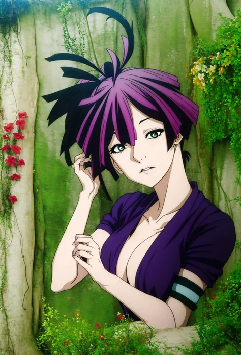 anime girl with a sword in her hand, olhos vermelho rosado escuro, detailed style, yuzuriha character, kunoichi, estilo de arte anime (colorido).