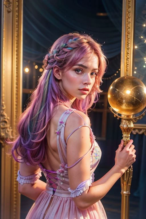 (masterpiece:1.4, best quality), (intricate details), unity 8k wallpaper, ultra detailed
(<lora:Minfilia:0.6> ), rainbow hair
(<lora:revealing_dress_v0.1:0.8> revealing dress, lilac dress), posing, from behind, looking at viewer, inside a yacht, midnight, warm lighting, (depth of field, bokeh, 4K, hyper realism, soft light, dramatic light, sharp, HDR) crystal balls, fire Flys