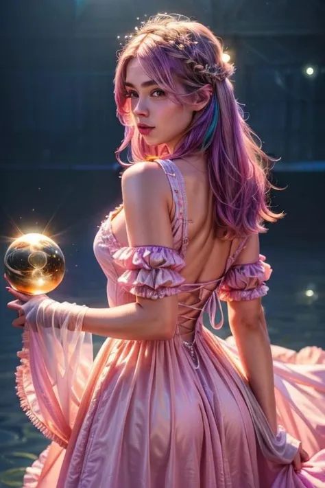 (masterpiece:1.4, best quality), (intricate details), unity 8k wallpaper, ultra detailed
(<lora:Minfilia:0.6> ), rainbow hair
(<lora:revealing_dress_v0.1:0.8> revealing dress, lilac dress), posing, from behind, looking at viewer,  inside a yacht, midnight, warm lighting, (depth of field, bokeh, 4K, hyper realism, soft light, dramatic light, sharp, HDR) crystal balls, fire Flys