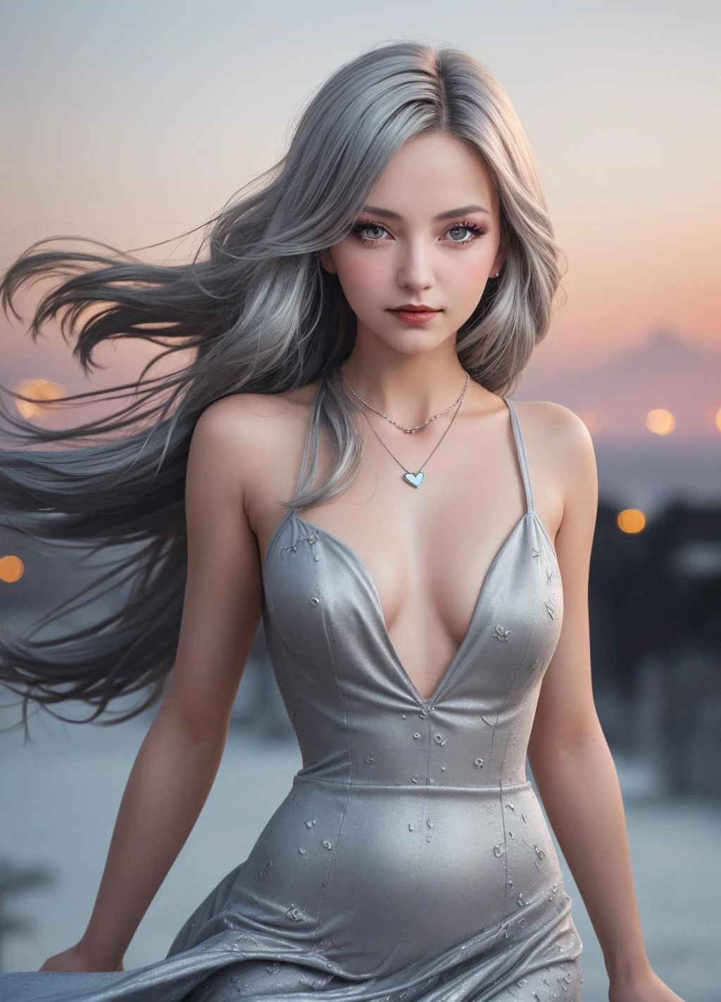 1girl, cowboy shot of a beautiful woman, round face, sexy pose, (ultrahigh resolution textures), highly detailed, wide hips, soft tones, extreme detail, grey eyes, smirk, long hair, bright silver hair, (wind:1.2), makeup, small perky breasts, red victorian dress, necklace with heart shaped pendant, bokeh, blue hour