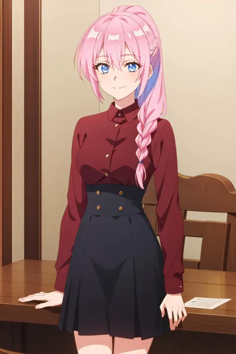 <lora:anime_screencap_v2:0.3> tall body, tall, long legs, mature female, mature, adult, <lora:GoodHands-vanilla:1.4>, simple background
 <lora:eft_shikimori:0.7> eft_shikimori, 1girl, solo, blue eyes, pink hair, smile, long hair, ponytail, red skirt, shirt, braid, red shirt, sitting, upper body, indoors, long sleeves, collared shirt, hair between eyes, bangs, sidelocks, closed mouth