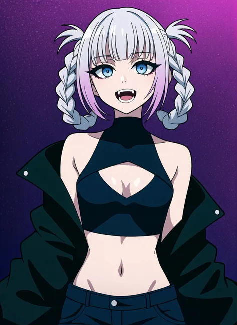 nanakusa nazuna, 1girl, bangs, black background, black jacket, black shirt, black shorts, blue eyes, blunt bangs, breasts, cleavage cutout, clothing cutout, crop top, eyeshadow, fangs, gradient hair, grey hair, hair rings, jacket, light purple hair, looking at viewer, makeup, multicolored hair, navel, open mouth, red eyeshadow, shirt, shorts, sleeveless, sleeveless turtleneck, sleeveless turtleneck crop top, small breasts, solo, stomach, turtleneck, turtleneck crop top, two-tone hair, vampire, ((masterpiece)) <lora:nanakusa_nazuna_offset:1>