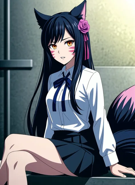 nixeu, ahri, ahri_\(league_of_legends\), 1girl, animal ears, bangs, black hair, black skirt, blue ribbon, blurry background, collared shirt, facial mark, flower, fox ears, grey flower, hair flower, hair ornament, highres, league of legends, long hair, looking at viewer, neck ribbon, orange eyes, parted lips, pleated skirt, ribbon, shirt, sitting, skirt, solo, teeth, whisker markings, white shirt