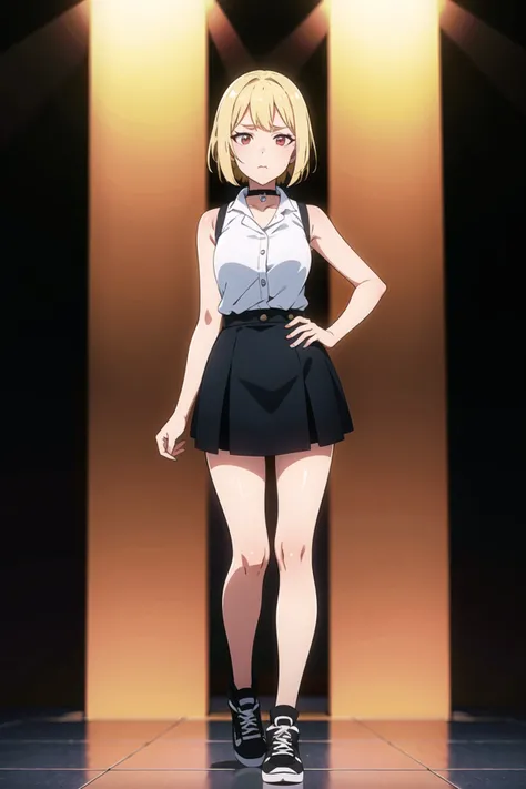 best quality, ultra high res, 1girl, sleeveless white button shirt, black skirt, black choker, cute, (Kpop idol), (aegyo sal:1), (platinum blonde hair:1), ((puffy eyes)), looking at viewer, full body, facing front