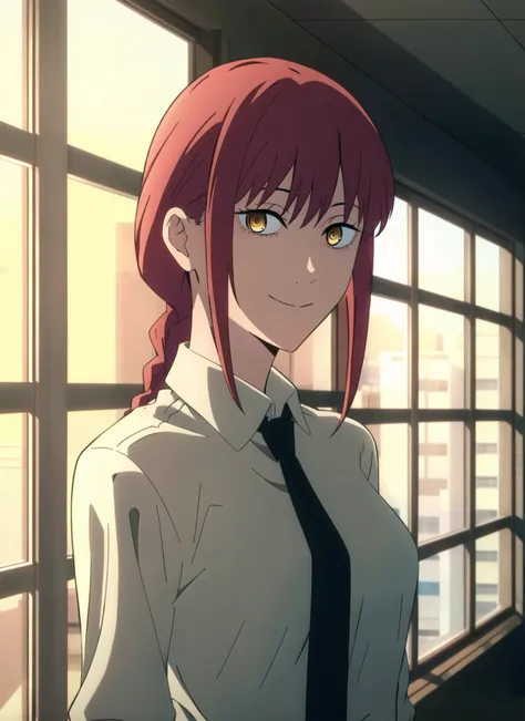 csm anime style, makima \(chainsaw man\), 1girl, solo, necktie, smile, braid, looking at viewer, shirt, black necktie, ringed eyes, collared shirt, braided ponytail, white shirt, red hair, breasts, upper body, medium breasts, bangs, window, formal, yellow eyes, sidelocks, light smile, office lady, medium hair, business suit, suit, ((masterpiece)) <lora:csm_anime_style_offset:1> <lora:makima_offset:0.6>