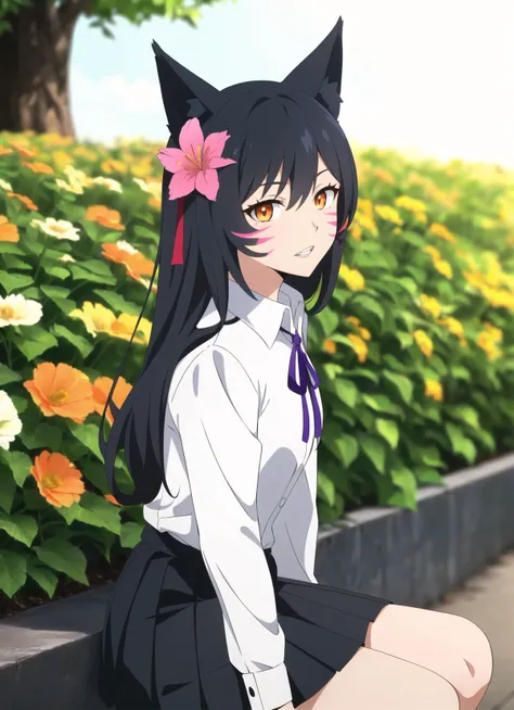 nixeu, ahri, ahri_\(league_of_legends\), 1girl, animal ears, bangs, black hair, black skirt, blue ribbon, blurry background, collared shirt, facial mark, flower, fox ears, grey flower, hair flower, hair ornament, highres, league of legends, long hair, looking at viewer, neck ribbon, orange eyes, parted lips, pleated skirt, ribbon, shirt, sitting, skirt, solo, teeth, whisker markings, white shirt