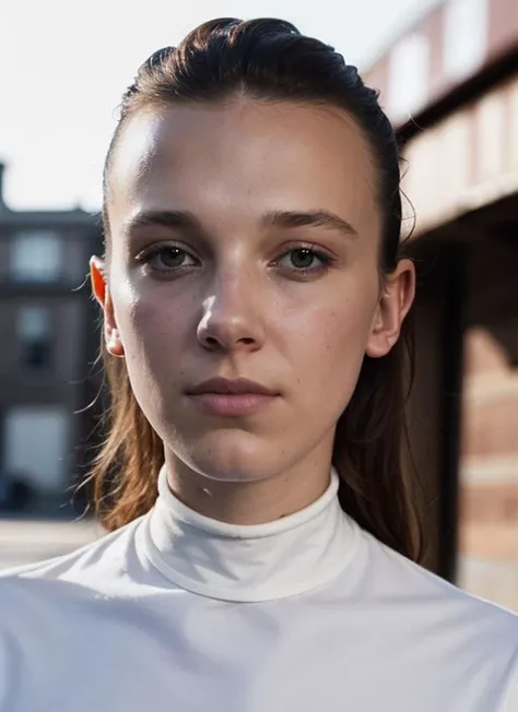 A stunning intricate color close up portrait of (sks woman:1) , wearing white turtleneck, epic character composition, sharp focus, natural lighting, subsurface scattering, f2, 35mm, film grain, , by Peter Lindbergh, <lora:lora-small-mbb-v1:1>