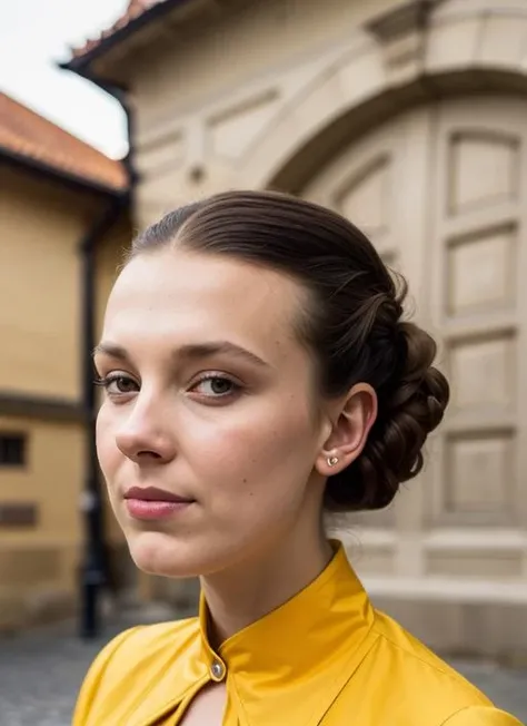 portrait of sks woman in Prague, at the Prague Castle, by Flora Borsi, style by Flora Borsi, bold, bright colours, ((Flora Borsi)), by Gerda Taro, <lora:lora-small-mbb-v1:1>