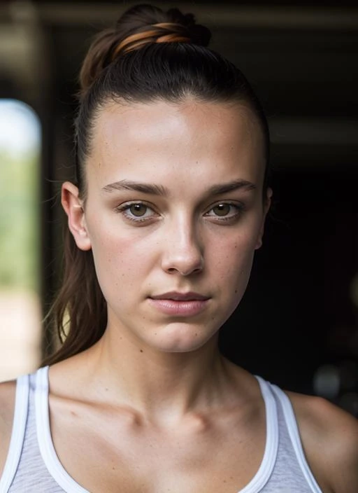 A stunning intricate color close up portrait of (sks woman:1) , wearing tanktop, epic character composition, sharp focus, natural lighting, subsurface scattering, f2, 35mm, film grain, , by Dominique Issermann, <lora:lora-small-mbb-v1:1>
