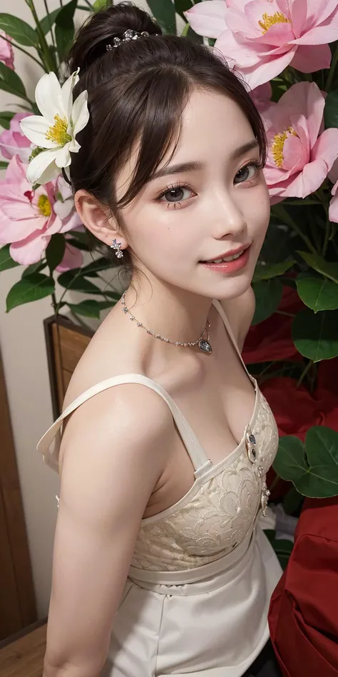 (RAW, best quality, masterpiece:1.5), (realistic, intricate details:1.2), ultra highres, absurdres,
1girl, solo, full body,
black eyes, thin eyes, symmetric eyes, extremely detailed eyes and face, light on face, hair ornament, earrings,
ponytail, short hair,
medium breast, slim waist, slim legs,
shiny skin, skin pore, highly detailed skin,
smile, 
(bustier top, high waist skirt:1.2), 
fantasy, luxurious, rim lighting, flowers,
best lighting, detailed background, detailed shadow, sharp focus, depth field,
saturated, high contrast, strong light and shadow,
[<lora:sd-No.405v2-000002:0.25>::0.6]