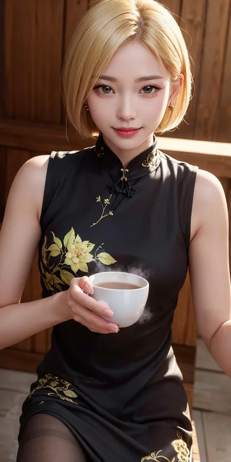 (RAW, best quality, masterpiece:1.5), (realistic, intricate details:1.2), ultra highres, absurdres,
1girl, solo,
green eyes, symmetric eyes, extremely detailed eyes and face, light on face, hair ornament, earrings,
very short hair, bob cut, (light blonde hair:1.2),
medium breast, slim waist, slim legs, (pantyhose:1.2),
shiny skin, skin pore, highly detailed skin,
(long cheongsam, black cheongsam:1.2), shanghai, tea pot, wooden table, steaming
fantasy, luxurious, rim lighting,
best lighting, detailed background, detailed shadow, sharp focus,