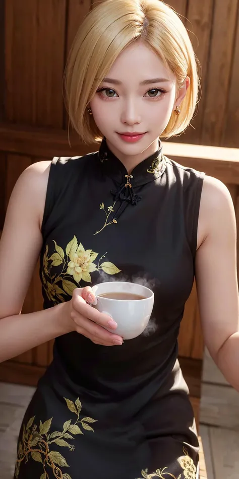 (RAW, best quality, masterpiece:1.5), (realistic, intricate details:1.2), ultra highres, absurdres,
1girl, solo,
green eyes, symmetric eyes, extremely detailed eyes and face, light on face, hair ornament, earrings,
very short hair, bob cut, (light blonde hair:1.2),
medium breast, slim waist, slim legs,
shiny skin, skin pore, highly detailed skin,
(long cheongsam, black cheongsam:1.2), shanghai, tea pot, wooden table, steaming
fantasy, luxurious, rim lighting,
best lighting, detailed background, detailed shadow, sharp focus,