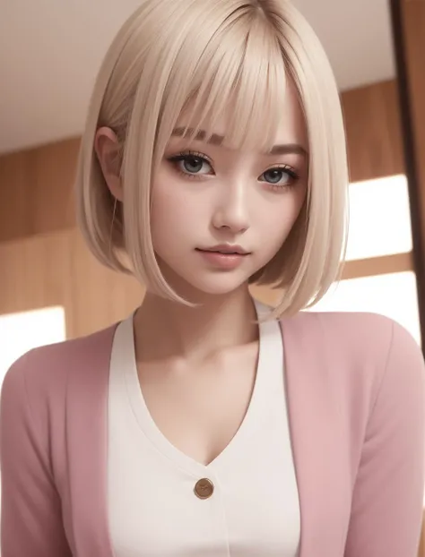 (masterpiece, best quality),intricate details,thin,((slim)),beautiful girl,Light pink hair,white skin,light purple eyes,sharp jawline,cropped jacket,messy hair,plump lips,upper body,close up,smirk,