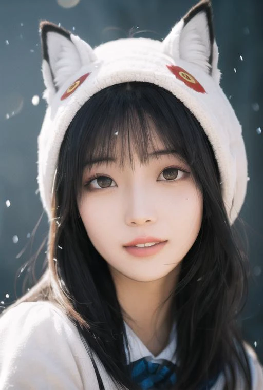 1girl,beautiful, hair strand, saliva, A pure and lovely girl, chiaroscuro, close-up, ray tracing, god rays, best quality, award winning, super detail, ccurate, high quality, ccurate, textured skin, high details, Standard delicate lips, Symmetrical eyes, No makeup, Eyelashes are delicate and soft, Normal eye size, The hair on the forehead part is fluffy and has bangs, Shoulder exposure, Golden ratio, Round face, wind,school
uniform,hat,happy,(fox mask:1.1),fox print, fox costume,cinematic lighting, beautiful detailed girl,finely detail,detailed light,best shadow,personification,real, Smooth skin, Cold white skin, seductive smile,It snows,Light and shade contrast,<lora:FilmVelvia2:1>