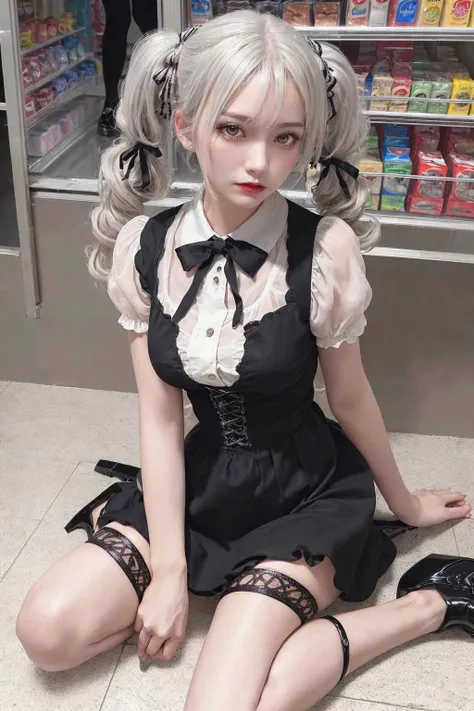 (8k, best quality, masterpiece:1.2), realistic, ultra highres, intricate details,
1girl, beautiful face, jirai kei, light silver hair, twin tails, eye shadow, dark lips,
skirt, frills, band,
medium breasts,
slim legs, fishnet stockings, slim waits, platform shoes,
wariza, sitting on the floor, in convenient store,