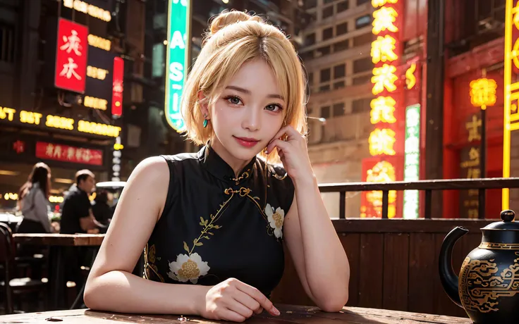 (RAW, best quality, masterpiece:1.5), (realistic, intricate details:1.2), ultra highres, absurdres,
1girl, upper body,
green eyes, symmetric eyes, light on face, hair pin, earrings, 
very short hair, bun hair, (light blonde hair:1.2),
large breast, shiny skin, skin pore, highly detailed skin,
sitting and pouring tea into cups, looking at the viewer, smile, :D,
(long cheongsam, black cheongsam:1.2), tea pot, cuisines, wooden table, steaming
(cyberpunk, neon light:1.2), 
fantasy, rim lighting,
best lighting, detailed background, detailed shadow, sharp focus, 
[<lora:sd-No.406-000003:0.25>:<lora:no105Girl_sdNo105000014:0.3:OUTALL>:0.5]