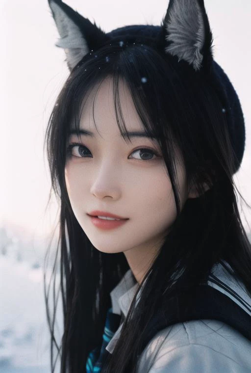 1girl,beautiful, hair strand, saliva, A pure and lovely girl, chiaroscuro, close-up, ray tracing, god rays, best quality, award winning, super detail, ccurate, high quality, ccurate, textured skin, high details, Standard delicate lips, Symmetrical eyes, No makeup, Eyelashes are delicate and soft, Normal eye size, The hair on the forehead part is fluffy and has bangs, Shoulder exposure, Golden ratio, Round face, wind,school
uniform,hat,happy,(fox mask:1.1),fox print, fox costume,cinematic lighting, beautiful detailed girl,finely detail,detailed light,best shadow,personification,real, Smooth skin, Cold white skin, seductive smile,It snows,Light and shade contrast,<lora:FilmVelvia2:1>