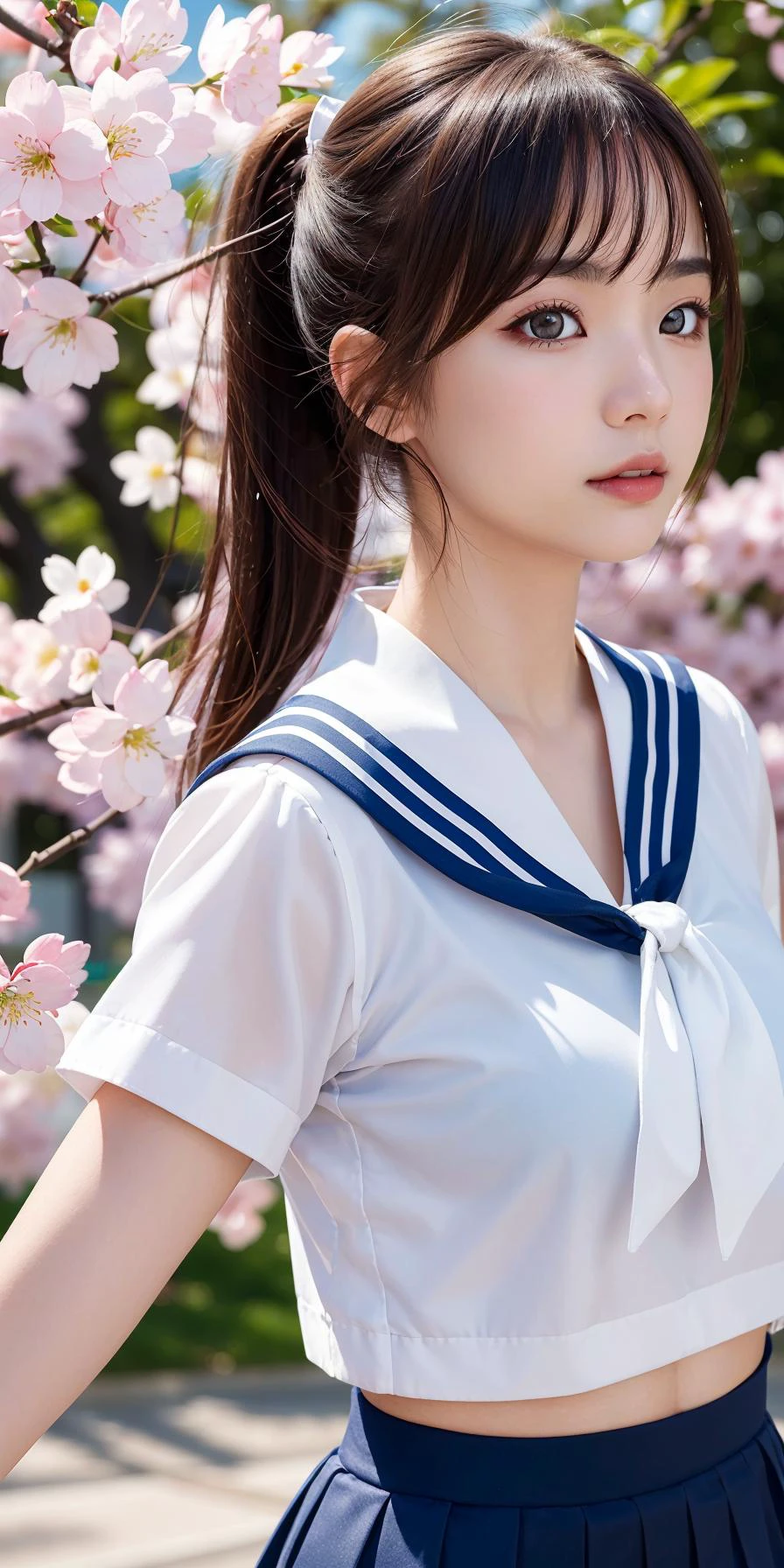 (RAW, best quality, masterpiece:1.5), (photo realistic, intricate details:1.2), ultra highres, absurdres,
1girl, beautiful face, detailed eyes, symmetric eyes, light on face,
<lora:taiwandolllikenessV20_v20:0.6:OUTALL>,
floating hair, short hair, twintails,
(serafuku, student sailor uniform:1.2), pleated skirt, dark blue,
medium breasts,
shiny skin, real skin texture,
windy, outdoors, cherry blossom, petals flying, sunshine, bokeh, film grain,
natural lighting, best lighting, detailed background, detailed shadow, sharp focus, depth of field f/2,