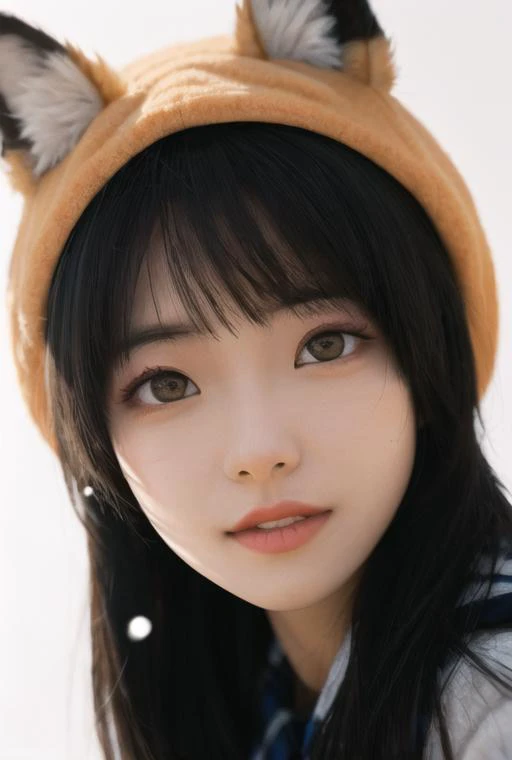 1girl,beautiful, hair strand, saliva, A pure and lovely girl, chiaroscuro, close-up, ray tracing, god rays, best quality, award winning, super detail, ccurate, high quality, ccurate, textured skin, high details, Standard delicate lips, Symmetrical eyes, No makeup, Eyelashes are delicate and soft, Normal eye size, The hair on the forehead part is fluffy and has bangs, Shoulder exposure, Golden ratio, Round face, wind,school
uniform,hat,happy,(fox mask:1.1),fox print, fox costume,cinematic lighting, beautiful detailed girl,finely detail,detailed light,best shadow,personification,real, Smooth skin, Cold white skin, seductive smile,It snows,Light and shade contrast,<lora:FilmVelvia2:1>