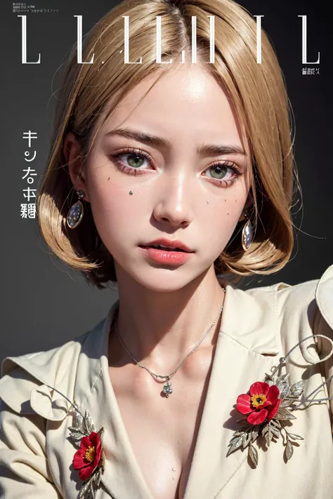 (RAW, best quality, masterpiece:1.6), (realistic, intricate details:1.2), ultra highres, absurdres,
1 japanese girl, solo, supermodel, cowboy shot, sitting pose,
green eyes, symmetric eyes, complex pupils, extremely detailed eyes and face, light on face, nose blush, hair ornament, earrings,
(silver hair), very short hair, bob cut, curly hair, blush, flower,
oversize suit, inner bratop, shiny skin, skin pore, highly detailed skin, small breasts, lace rims, necklace,
large text title, english and japanese texts, magazine cover,
best lighting, detailed background, detailed shadow, sharp focus,
(ELLE) magazine, (ulzzang-6500-v1.1:0.2)