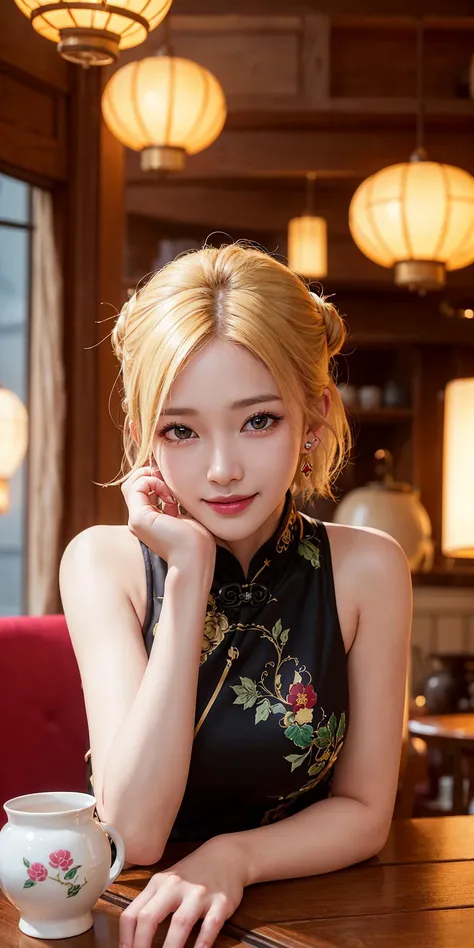 (RAW, best quality, masterpiece:1.5), (realistic, intricate details:1.2), ultra highres, absurdres,
1girl, solo,
green eyes, symmetric eyes, extremely detailed eyes and face, light on face, hair ornament, earrings,
short hair, single bun hair, (light blonde hair:1.2),
medium breast, slim waist, slim legs,
shiny skin, skin pore, highly detailed skin,
smile,
(long cheongsam, black cheongsam:1.2), shanghai, tea pot, wooden table, steaming
fantasy, luxurious, rim lighting,
best lighting, detailed background, detailed shadow, sharp focus, upper body, <lora:sd-No.405v2-000002:0.25>