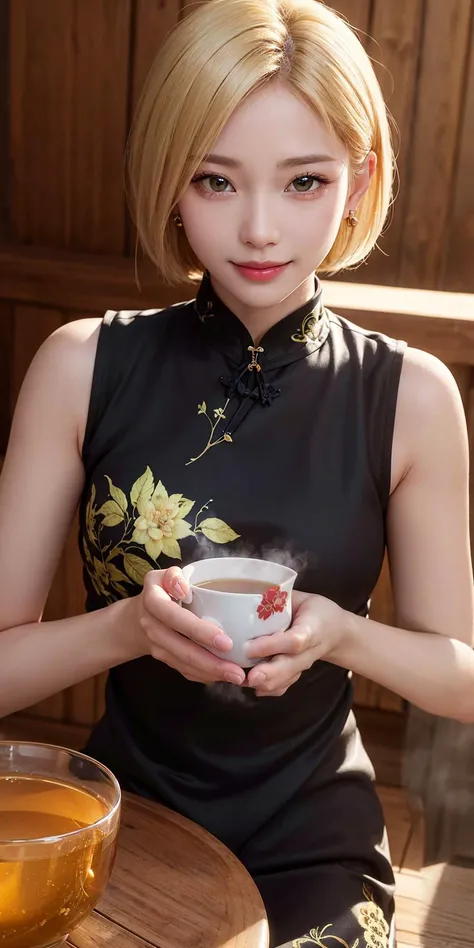 (RAW, best quality, masterpiece:1.5), (realistic, intricate details:1.2), ultra highres, absurdres,
1girl, solo,
green eyes, symmetric eyes, extremely detailed eyes and face, light on face, hair ornament, earrings,
very short hair, bob cut, (light blonde hair:1.2),
medium breast, slim waist, slim legs,
shiny skin, skin pore, highly detailed skin,
(long cheongsam, black cheongsam:1.2), shanghai, tea pot, wooden table, steaming
fantasy, luxurious, rim lighting,
best lighting, detailed background, detailed shadow, sharp focus,