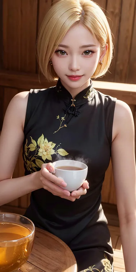 (RAW, best quality, masterpiece:1.5), (realistic, intricate details:1.2), ultra highres, absurdres,
1girl, solo,
green eyes, symmetric eyes, extremely detailed eyes and face, light on face, hair ornament, earrings,
very short hair, bob cut, (light blonde hair:1.2),
medium breast,
shiny skin, skin pore, highly detailed skin,
sitting and pouring chinese tea into a cup, smile,
(long cheongsam, black cheongsam:1.2), shanghai, tea pot, wooden table, steaming
fantasy, luxurious, rim lighting,
best lighting, detailed background, detailed shadow, sharp focus, upper body, <lora:sd-No.405v2-000002:0.25>