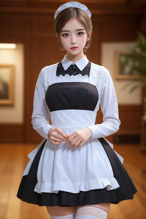 (8k, RAW photo, best quality, masterpiece:1.2),(real picture, intricate details), ultra-detailed, highres, intricate details,
1girl, beautiful face, short hair, beautiful detailed eyes, symmetric eyes, [<lora:traditionalMaidDress_traditionalMaidV1:0.7>:<lora:japaneseDollLikeness_v10:0.3>  <lora:twbabe_3:0.3>:0.3], (ulzzang-6500-v1.1:0.3)
traditional maid, intricate frills and laces,  large breasts, slim waist, skin tight,
miniskirt, ((white thigh highs)), slim legs,
looking at the viewer,
detailed shadow, sharp focus, fantasy,