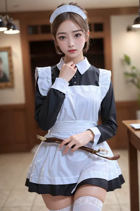 (8k, RAW photo, best quality, masterpiece:1.2),(real picture, intricate details), ultra-detailed, highres, intracate details,
1girl, beautiful face, short hair, beautiful detailed eyes, [<lora:traditionalMaidDress_traditionalMaidV1:0.9>:<lora:japaneseDollLikeness_v10:0.3>  <lora:twbabe_3:0.3>:0.5], (ulzzang-6500-v1.1:0.3)
traditional maid, large breasts, slim waist, skin tight,
miniskirt, ((white thigh highs)), slim legs,
looking at the viewer,
detailed shadow, sharp focus, fantasy,