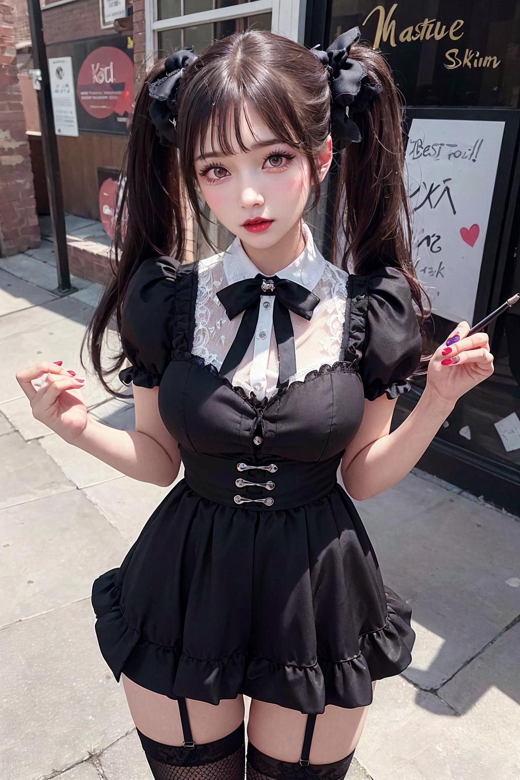 A close up of a woman in a black dress and stockings - SeaArt AI