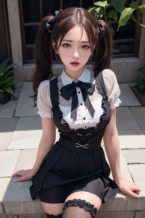 (8k, best quality, masterpiece:1.2), realistic, ultra highres, intricate details,
1girl, beautiful face, jirai kei, twin tails, eye shadow, dark lips,
skirt, frills, band,
medium breasts,
slim legs, fishnet stockings, slim waits,