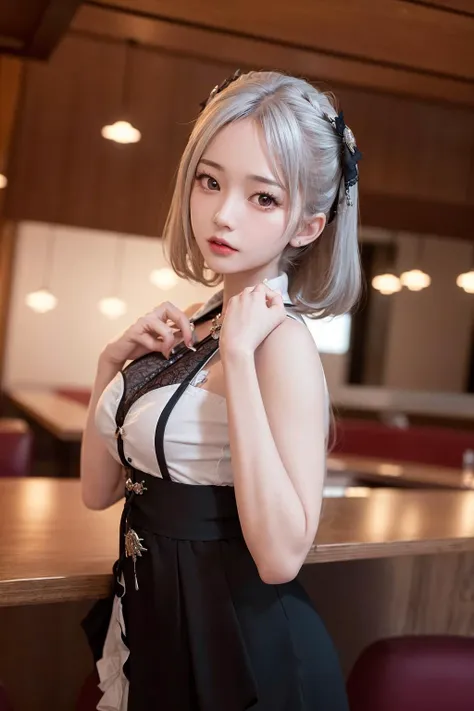 (8k, best quality, masterpiece:1.2), realistic, ultra highres, intricate details,
1girl, jirai fashion, beautiful face, light silver, in a restaurant, standing,