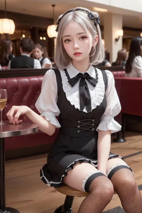 (8k, best quality, masterpiece:1.2), realistic, ultra highres, intricate details,
1girl, jirai fashion, beautiful face, light silver hair, hair ornament, frilled sleeves, frilled skirt, strips, ties, fishnet stockings, platform shoes,
front view, in a restaurant, sitting, knees together,