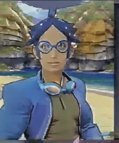 vhs, marlon, beach, looking at viewer, goggles, blue jacket <lora:Marlon-15:0.85>  <lora:VHS3:1>