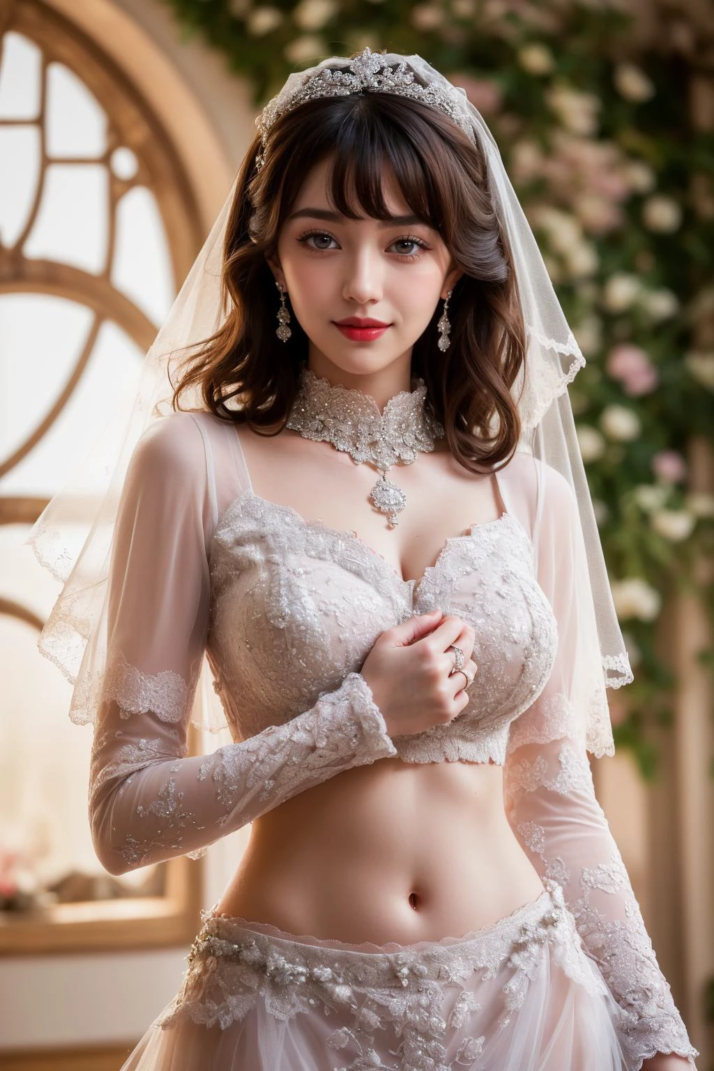 (masterpiece:1.5), (((top quality, best quality, high quality))), ((intricately detailed, ultra-detailed, insanely detailed)), highres, 32K, extremely detailed unity CG 8K wallpaper, (beautiful and aesthetic:1.2),, (depth of field:1.3), (immaculate:1.3), (delicate detailed depiction:1.4), (photorealistic:1.4), (surrealism:1.3),
(((brilliant full lighting, luscious vibrant colors))),  (ambient volumetric backlighting:1.5), (illustration of an immensely beautiful woman:1.3),
(upper body:1.4), (perfectly centered:1.4), (natural willowy posture:1.5), (((dynamic pose, cinematic angle))),
(1milf:1.5), (solo:1.4), (bride:1.4), (looking at viewer:1.5),
beautiful gorgeous face, [(detailed face:1.2):0.2], bright eyes, pureerosface_v1, ulzzang-6500-v1.1,  (closed mouth:1.5), (red lips:1.4), (full lips:1.4), (smile:1.3),
attractive flawless body, (((pronounced feminine curves))), ((bright glistening skin, realistic skin, skin pores)), (voluptuous:1.5), (((toned belly, realistic navel, groin:1.3))), narrow waist, (large breasts:1.5), (underboob:1.4),
(gems-adorned bridal attire:1.5), (big puffy wedding dress:1.5), (bridal corset:1.4), (long puffy sleeves:1.4), (((pearl collar:1.4))),(ornate (bridal veil, bridal gauntlets):1.5), (((bows, frills))), (lace:1.3),  (fabrication glitters:1.5), (luxury intricate clothing jewelries:1.5), (jeweled embroideries:1.4), (clothing sparkles:1.4), (sparkling particles:1.3), (((sagging front seam, sagging hind seam))), (((earrings, armlets, hairclip, hair ornaments))), 
(walking down the rosy aisle:1.5), (rose garden:1.5, bouquets), (surreal delicate background:1.5), (intricate complex scene:1.5), <lora:detail_slider_v4:1.8>,  <lora:PerfectFullBreasts-fCV3.5:1>, <lora:naughty_to_nice_v2.5:2>,