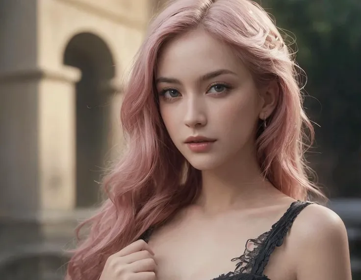 (medium shot:1.4), 1girl, sultry, seductive, risque, long pink hair, makeup, hair up in ponytail, transparent summer dress, (blue eyes:0.5), (cleavage:1.2), (bustier:1.1), (full skirt:1.1), flirty, smirk, tease, playful expression, smug, smirk, (looking at viewer:1.4), standing, hands on hips, hands on waist, leaning forward, (masterpiece:1.5), (high quality:1.4), subsurface scattering, heavy shadow, (intricate, high detail:1.2), , sharp focus, best quality, extremely detailed, (lens flare:1.01).. BREAK hayl3y-001, ,low lighting, , skin imperfections, realistic, detailed facial features, highly detailed face, posing,dark lighting,night time