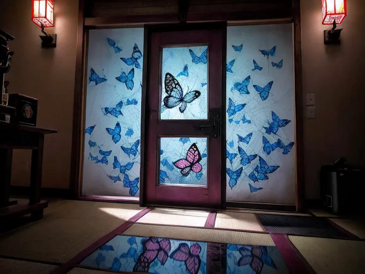 Grunge style, Japanese Style Ink Drawing of raw photo of Complicated locking system of a safe door ,sculpture, In a Retrogore style, capture the chaotic energy of  scene is captured in the stillness of a long exposure photograph, leaving trails of light behind the abstract shapes and forms, (magenta and blue butterfly flying), Meticulously crafted Intaglio shadows cast intricate patterns across the floor, adding depth and mystery to the image, OverallDetail,  dynamic background,, Textured, distressed, vintage, edgy, punk rock vibe, dirty, noisy