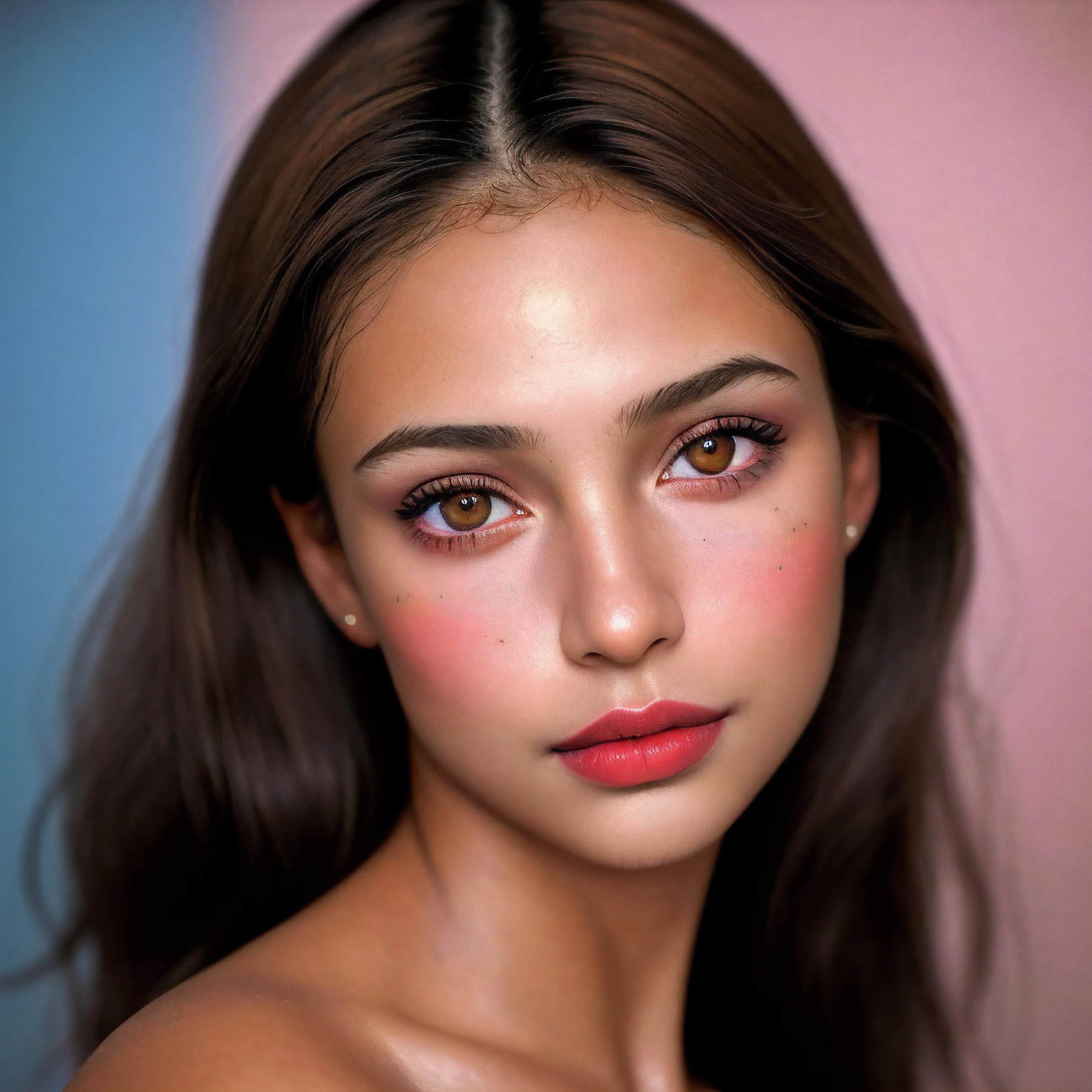 highly realistic, masterpiece, absurdres, intricate, highly detailed, (seychelles,skin color light to medium brown), portrait of a beautiful naked woman, entirely covered in blue and magenta paint, red lipstick, in a photograph studio, butterfly tatoo, helmut Newton style , high quality photography, 3 point lighting, flash with softbox, 16k, Leica M6, Ektachrome 64, smooth, sharp focus, high resolution, award winning photo, 50mm, f2.8, depth of field, (face:Circular Face, Egyptian Eyes, [eye color grey], Nose with an Acquiline Curve Shape, soft lip contours, round cheeks, soft chin),