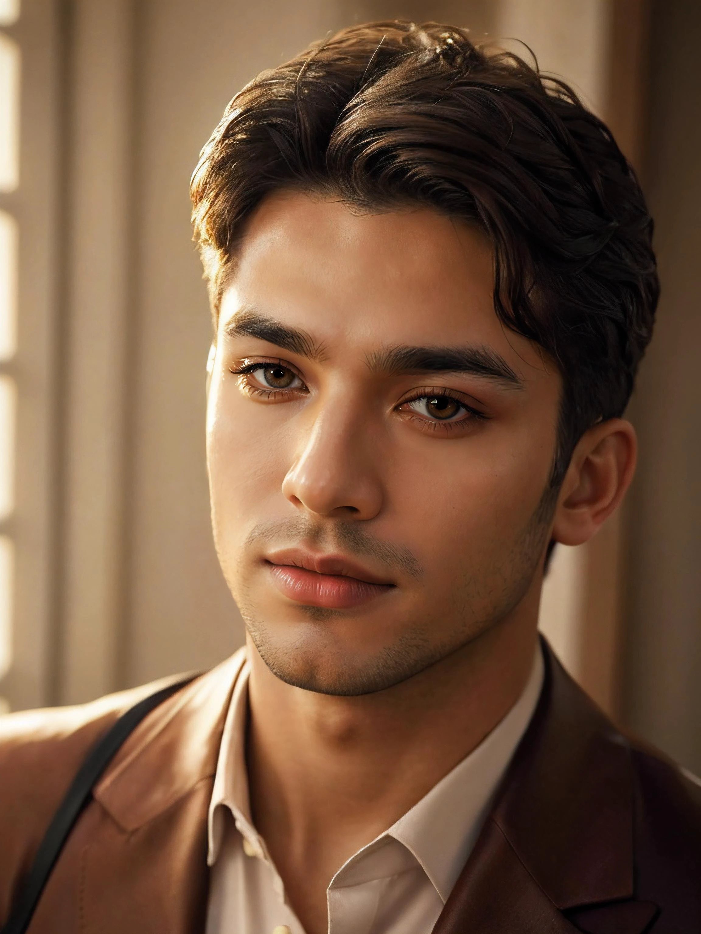 RAW photo of (((man))), portrait of a beautiful (man:1.5), (male person), highly realistic, masterpiece, absurdres, intricate, highly detailed, North Korea, skin color Fair to medium brown + Soft Heart Face, Egyptian Eyes, [eye color brown], Nose with an Ample Base Shape, full lips, high cheekbones, square chin,
high quality photography, 3 point lighting, flash with softbox, 16k, Leica M6, Ektachrome 64, smooth, sharp focus, high resolution, award winning photo, 50mm, f2.8, depth of field