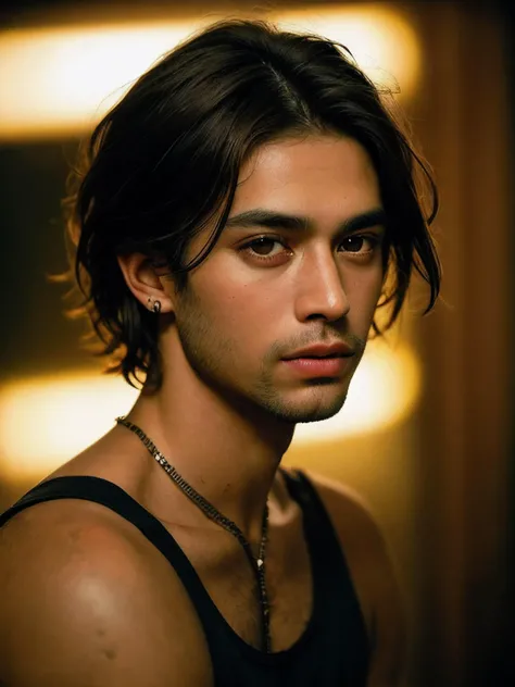 Grunge style, RAW photo of (((man))), portrait of a beautiful (man:1.5), (((male person)) + (age early fourties )), highly realistic, masterpiece, absurdres, intricate, highly detailed, kenya,skin color dark brown + Inverted Triangle Face, Almond Eyes, [eye color amber], Nose with an Ample Base Shape, soft lip contours, lower cheekbones, weak receding chin, high quality photography, 3 point lighting, flash with softbox, 16k, Leica M6, Ektachrome 64, smooth, sharp focus, high resolution, award winning photo, 50mm, f2.8, depth of field, Textured, distressed, vintage, edgy, punk rock vibe, dirty, noisy