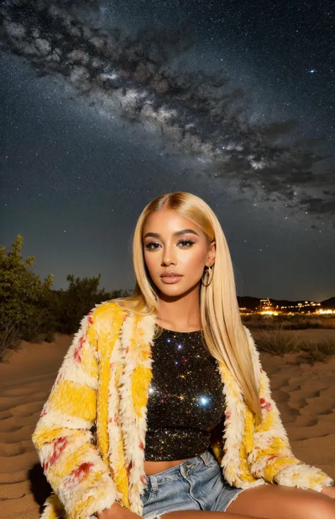 4k, 8k, ultra highres, raw photo in hdr, sharp focus, intricate texture,realistic, detailed facial features, highly detailed face, posing,perfect lighting,long hair,sitting,stars,twinkle,outdoors,space,yellow sparkles,night sky,detailed background,desert,sand,catus,blonde hair,straight eyebrows,cute,coat,shirt,<lora:Flomilli1:0.7> Flomilli1