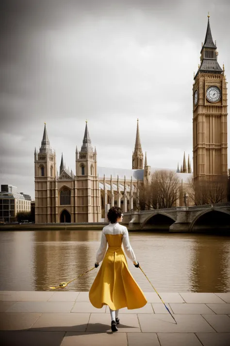 1girl, (dark art designed by Trish Mistric:1.1) , 8k Water color painting, Golden ratio, professionally shot of a ("Walking Ballista":1.3) , it is very Sultans and Mundane, at Floating Westminster Abbey, lush cityscape and X-ray binary in background, Foggy, shallow depth of field, Tranquil, Art Nouveau, split lighting, F/8, Mono Color, Diorama, overly complex style, Highres, highly detailed